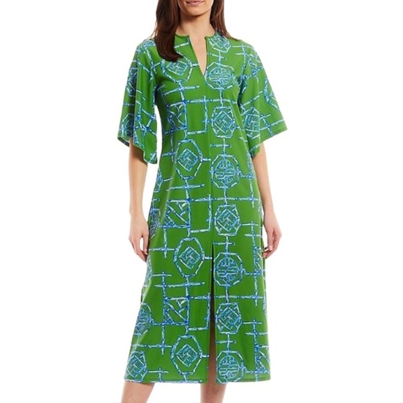 JUDE CONNALLY NWT Bamboo Lattice Print Knit Split V Neck Midi Dress Size XS